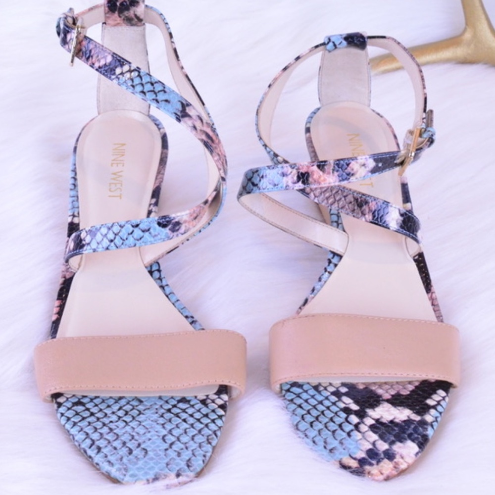 Nine West nude & blue snakeskin wedge heels 7.5